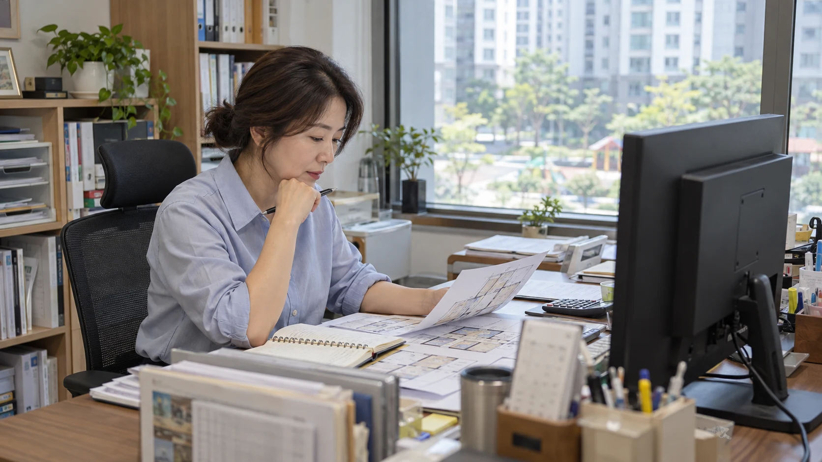 아파트 인근 공인중개사 사무실에서 업무를 보는 운영자 콘셉트 이미지